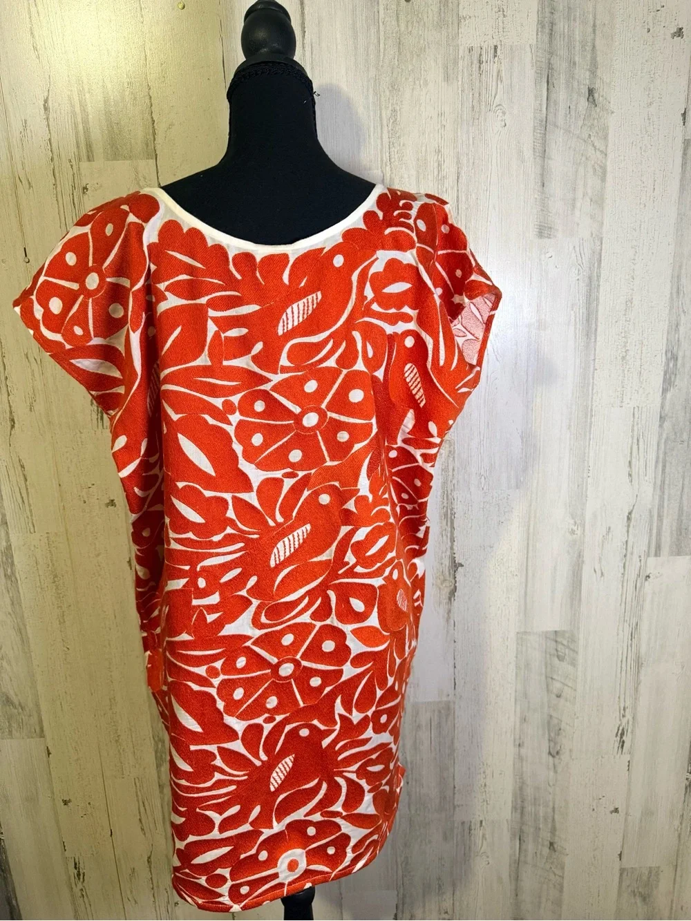 Sister Mary Hilda Red White Floral Print Embroidered Short Sleeve Tunic Top S